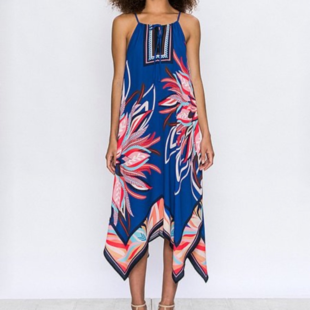 Jealous Tomato - Assymetrical Dress in Blue with Red and Pink Large Floral Print